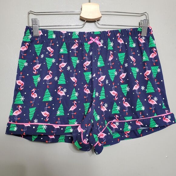 Santa’s Treasures Christmas Shorts Pajamas Size Medium Blue Flamingo Xmas Tree - Picture 5 of 11